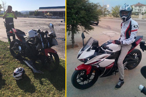 Motosiklet sürücüsünü ekipmanları kurtardı