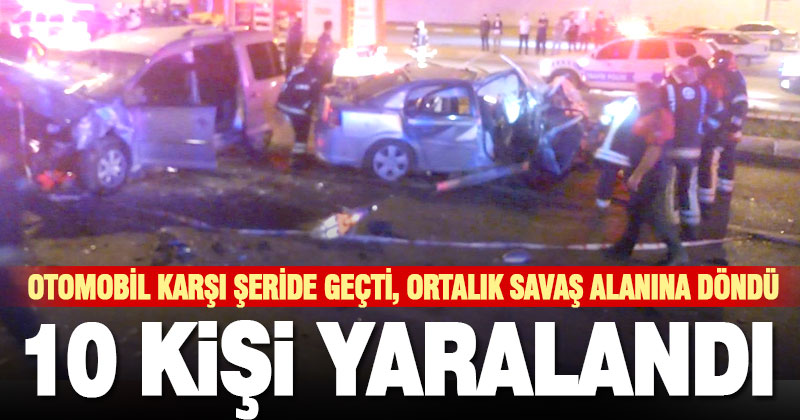 Karşı şeride geçen otomobilin ticari araçla çarpışması sonucu 10 kişi yaralandı