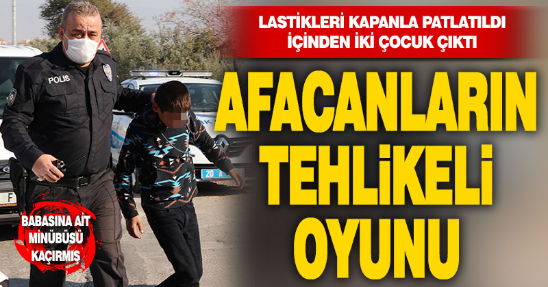 Denizli’de lastikleri kapanla patlatılarak durdurulan plakasız minibüsten iki çocuk çıktı