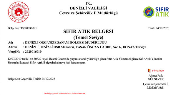 Denizli OSB’ye “Sıfır Atık Belgesi”