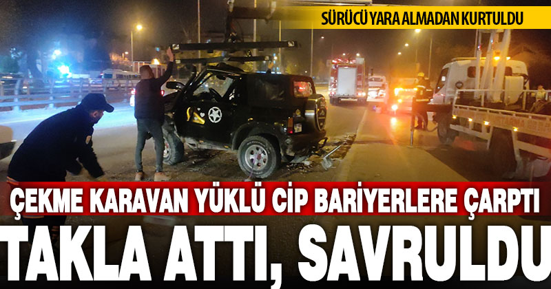 Çekme karavan yüklü cip, bariyerlere çarptı, taklalar atarak savruldu