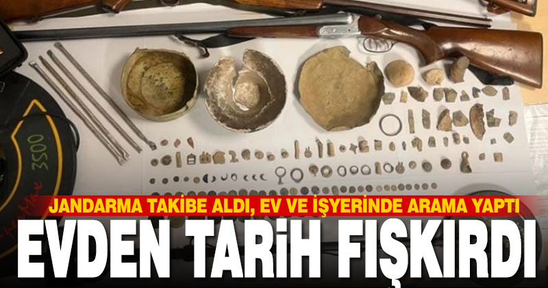Jandarmanın takibe aldığı zanlının ev ve işyerinde tarihi eserler çıktı